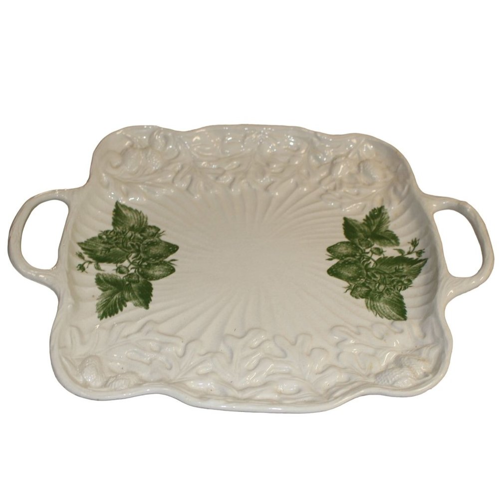 Green Strawberry Vines Square Tray w/Handles Embossed Acorns & Leaves Portugal